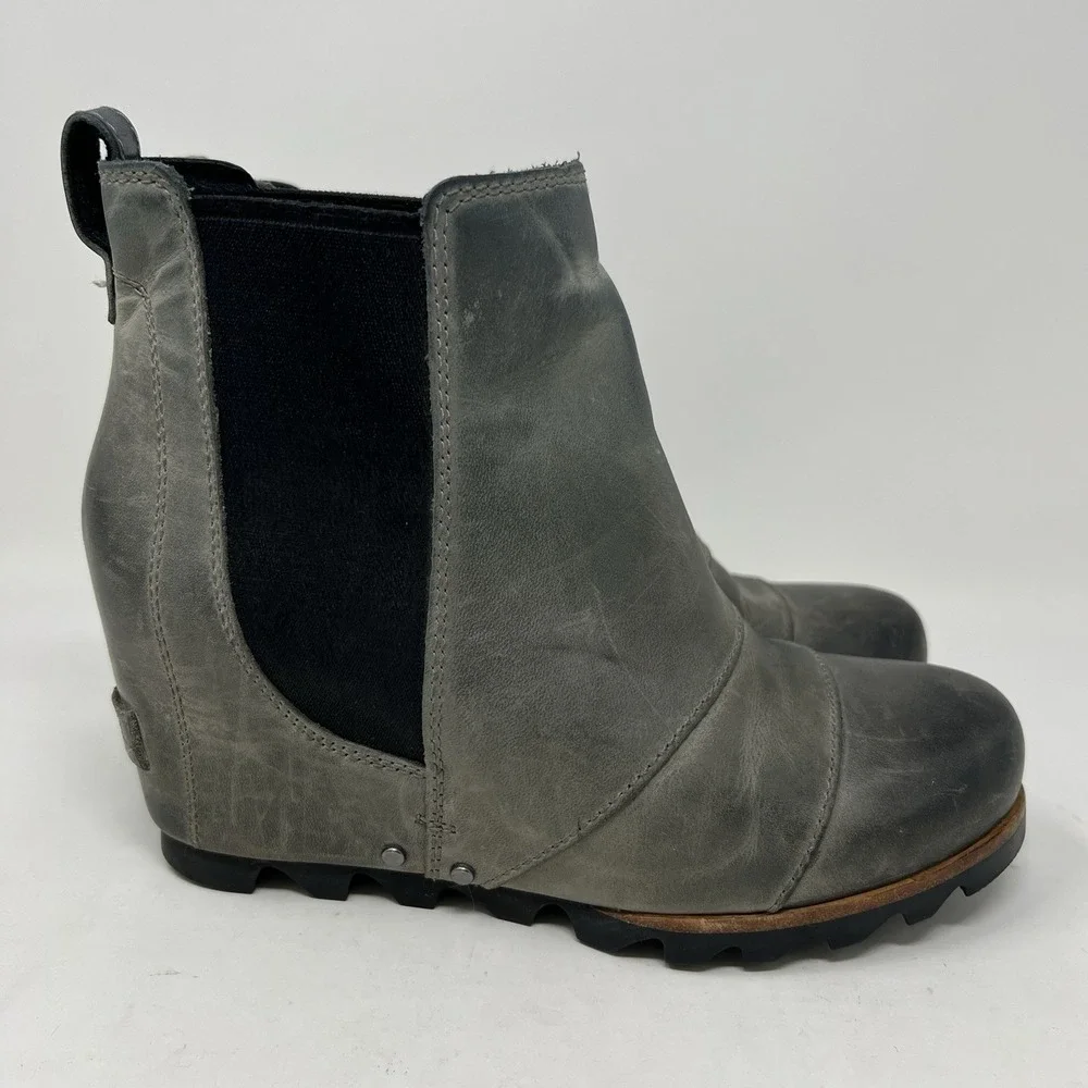 Sorel Boots Women's 6.5 Lea‎ Wedge Waterproof Leather Gray Chelsea Ankle Booties
